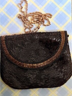 Vintage Black Beaded Evening Bag • Gold Chain Strap • Art Deco Style